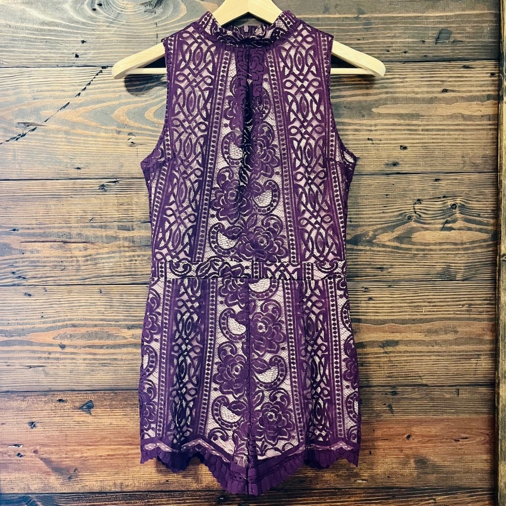 Love Fire Romper Womens M Plum Lace Overlay Mock Neck Sleeveless Boho Coquette